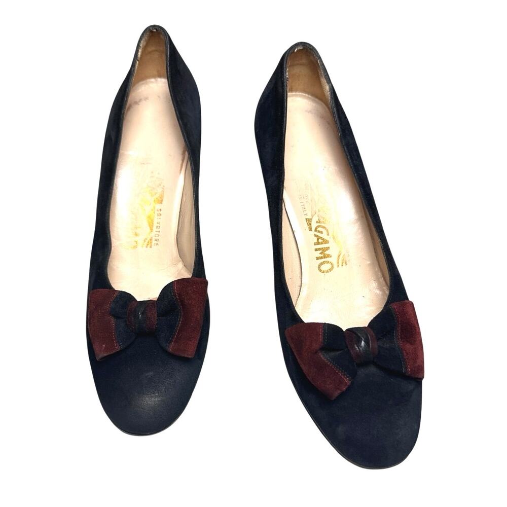 Salvatore Ferragamo Suede Kitten Heels with Maroon and Black Bows Size 5 Used